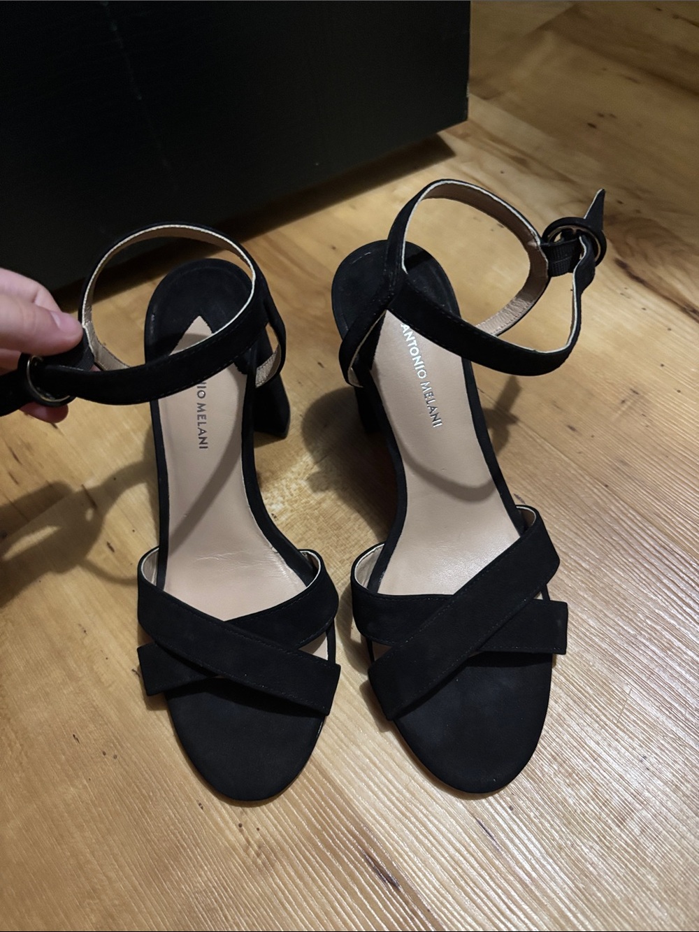 ANTONIO MELANI Black Suede Strappy Ankle-Heel Sandals